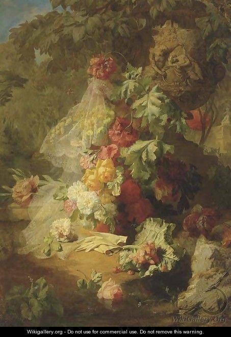 A Still Life of Lace, Flowers and Gloves in a Garden - Jean-Baptiste Robie
