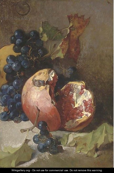 A pomegranate and a bunch of grapes on a ledge - Jean-Baptiste Robie