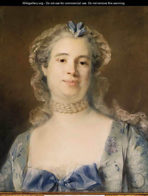 Portrait of Madame Chevotet, bust-length wearing a pale green silk dress with a blue ribbon, a laced bonnet and a pearled necklace - Jean-Baptiste Perronneau
