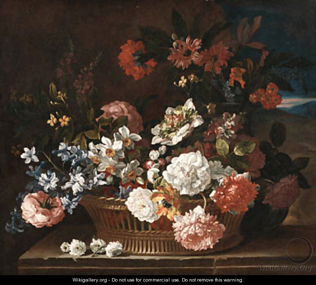 Roses, Narcissi, a Hyacinth, Primulae, Jasmine, Carnations and other Flowers in a wicker Basket on a stone Ledge, a Landscape beyond - Jean-Baptiste Monnoyer