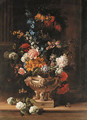 Parrot tulips, chrysanthemum, hydrangea, honeysuckle, borage, paeonies, Crown Imperial fritillaries and other flowers in a sculpted urn on a ledge - Jean-Baptiste Monnoyer