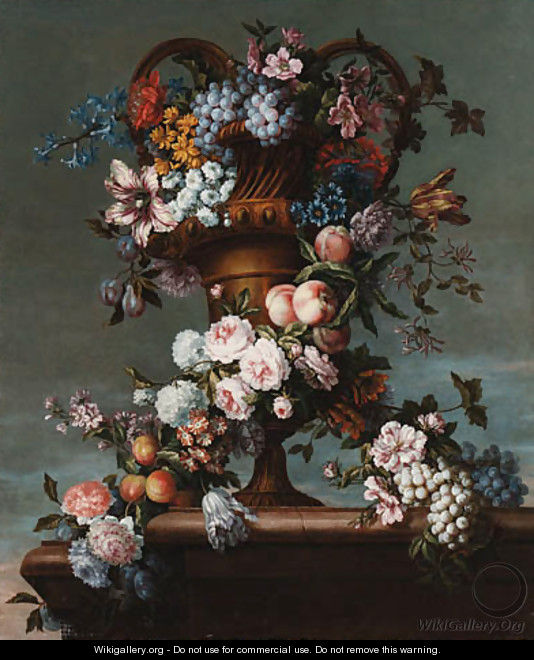 Grapes, peaches, plums, roses, hyacinth, hydrangea and other flowers entwined around a bronze vase - Jean-Baptiste Monnoyer