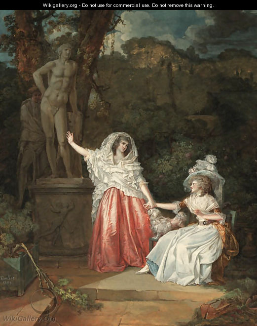Two elegant young ladies in a garden with a man hiding behind a statue of Apollo - Jean-Baptiste Mallet