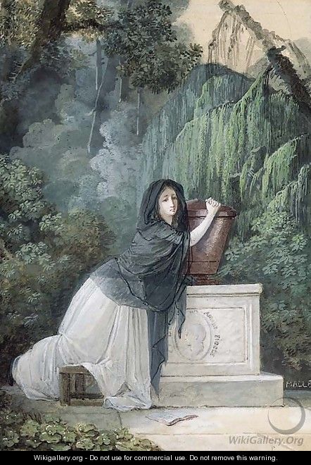 A Woman in mourning kneeling in front of a Monument with Cupid - Jean-Baptiste Mallet
