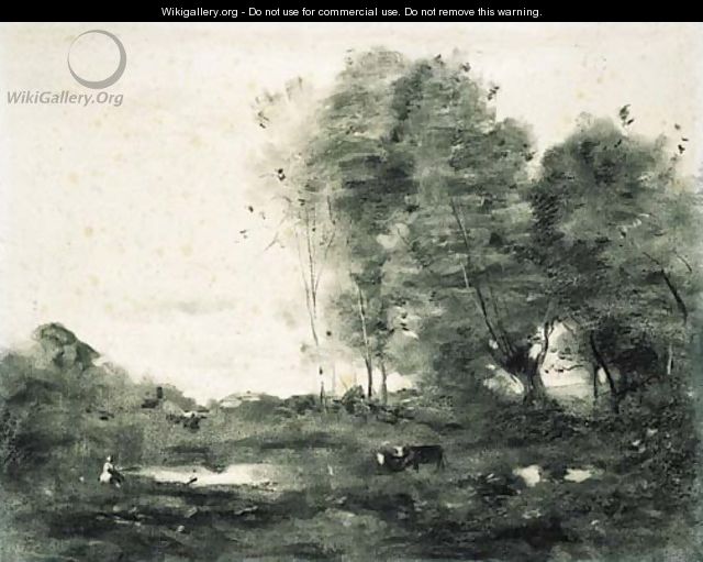 An extensive wooded landscape with cows - Jean-Baptiste-Camille Corot