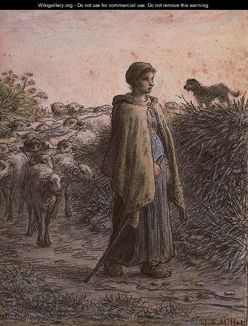 A sherpherdess with her flock, a dog on a bank to the right - Jean-Francois Millet