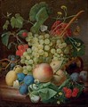 Grapes, cherries, peaches, greengages, plums, daisies and a butterfly on a marble ledge - Jan Frans Eliaerts