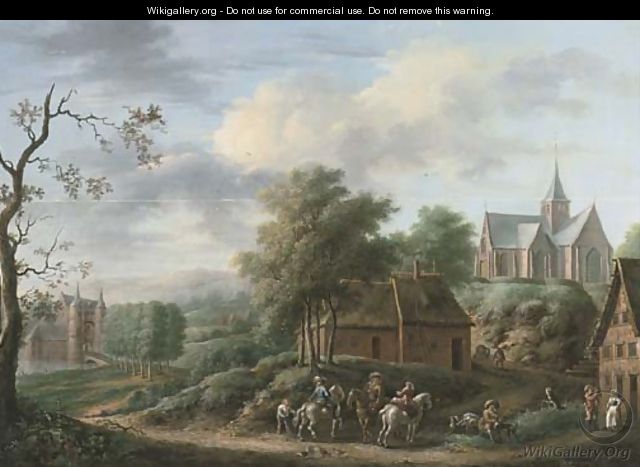 A wooded landscape with a riding party on a track near an inn, a castle and a church beyond - Frans Wouters