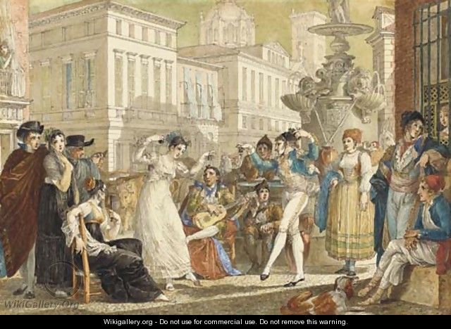 The Plaza de la Provincia, Madrid, with a crowd watching an elegant couple dance - Jean-Demosthene Dugourc