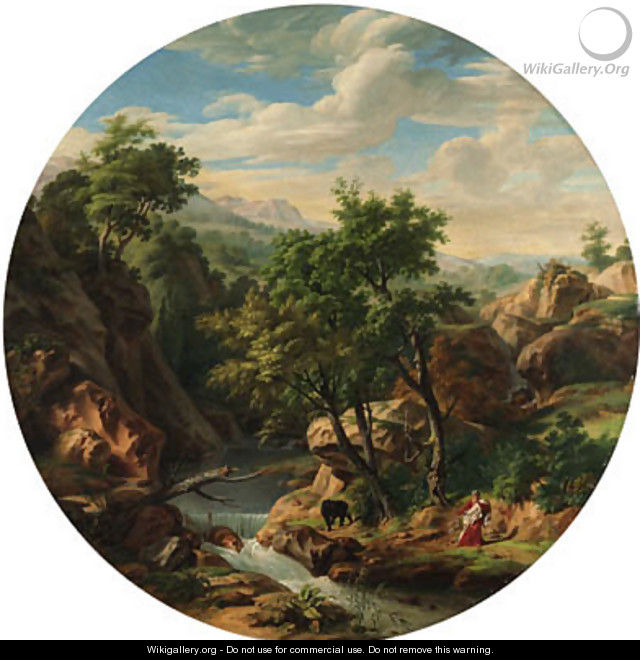 A philosopher and a bear in a mountainous river landscape - Jean-Charles Tardieu