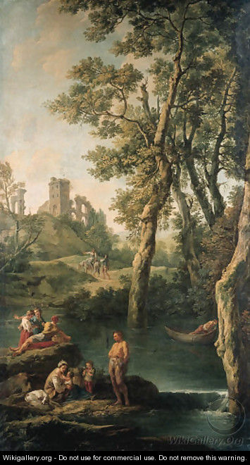 A river landscape with a peasant family, a man in a boat, fisherfolk and travellers - Jean-Baptiste-Marie Pierre