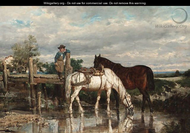 Horses watering at a stream - Jean-Baptiste-Louis Guy