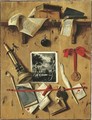 A trompe l'oeil still life of a landscape print, a candle, a medal, a pipe, books and documents affixed to a partition - Jean-Francois de Le Motte