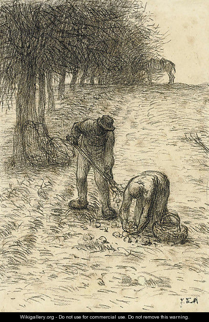 Peasants digging for potatoes, a donkey seen beyond - Jean-Francois Millet