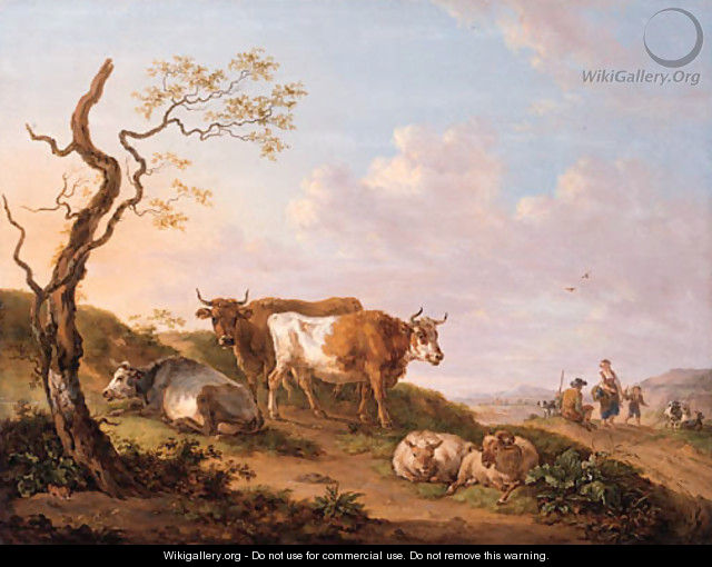 Cows and sheep by a broken tree on the verge of a road, a shepherd family beyond - Jean Baptiste De Roy