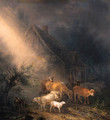 A cowherd fording goats and sheep on a track by a farm at night - Jean Baptiste De Roy