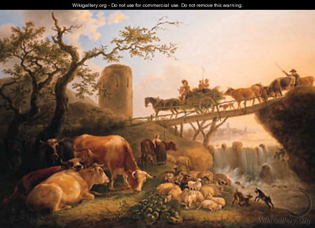 A cowherd and cattle near a waterfall - Jean Baptiste De Roy