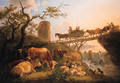 A cowherd and cattle near a waterfall - Jean Baptiste De Roy