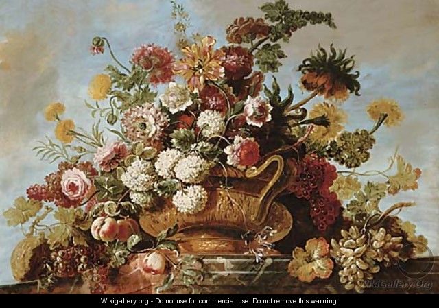 Flowers in a terracotta vase with fruit on a ledge - Jean Baptiste Belin de Fontenay