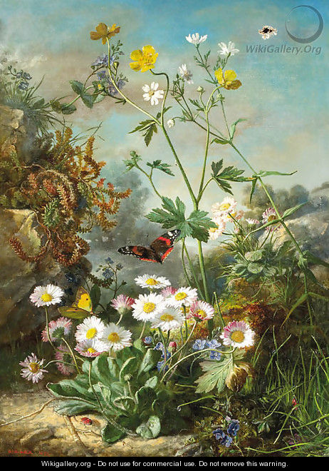 Daisies, buttercups and forget-me-nots on a forest floor, with butterflies - Jean Marie Reignier