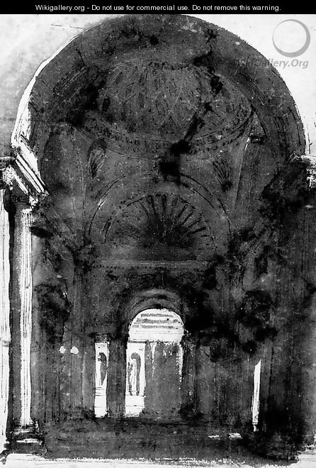 The interior of a vaulted arcade looking onto a colonnaded court - Jean Lemaire