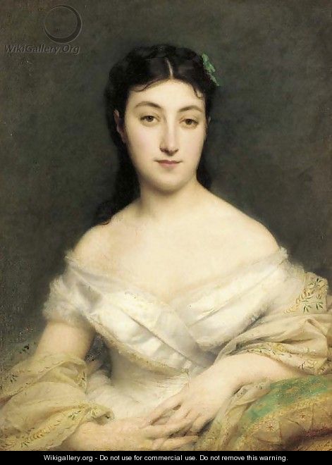 Portrait of a young lady in a white dress, half-length, seated, clad in an embroidered chiffon shawl - Jean Jalabert