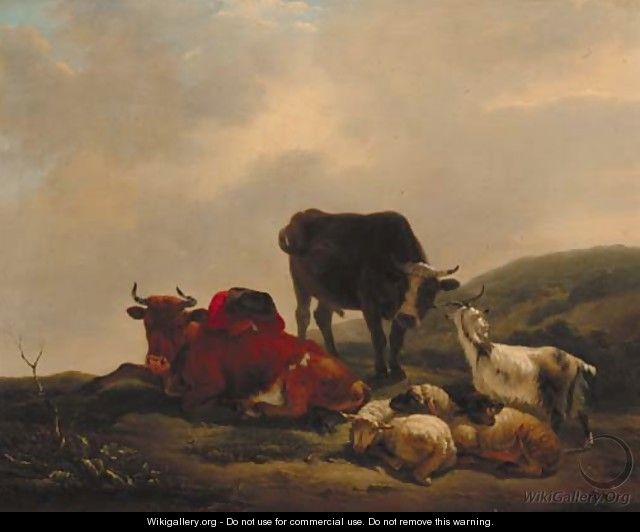 A landscape with a herdsman resting amongst cattle and sheep - Jean Francois Le Gillon