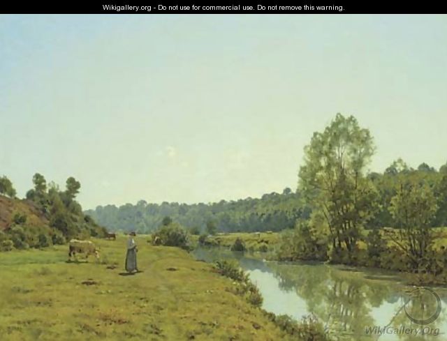 A Woman and Cow in a River Landscape - Jean Ferdinand Monchablon