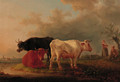 Cattle on a river bank, drovers conversing beyond - Jean-Baptiste De Roy