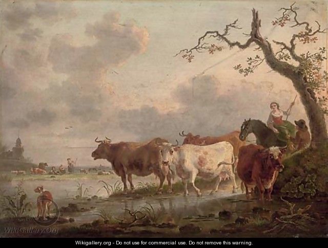 An extensive landscape with herdsmen and cattle watering at a stream - Jean-Baptiste De Roy