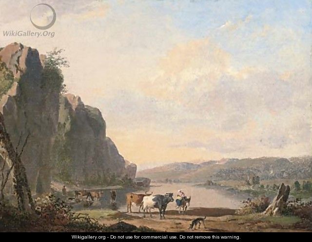A mountainous landscape with cattle watering by a river - Jan Baptiste de Jonghe