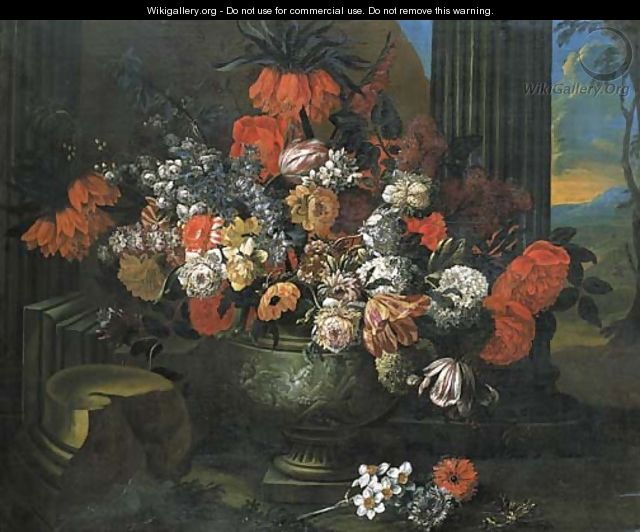 Tulips, roses, carnations and other flowers in a sculpted vase before a column, a landscape beyond - Jan-baptist Bosschaert