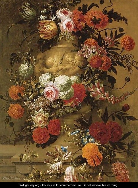 Flowers in a terracotta vase on a stone ledge - Jan-baptist Bosschaert