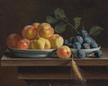 Peaches and plums in white porcelain bowls, with a sheaf of corn on a wooden table - Jean Valette-Falgores