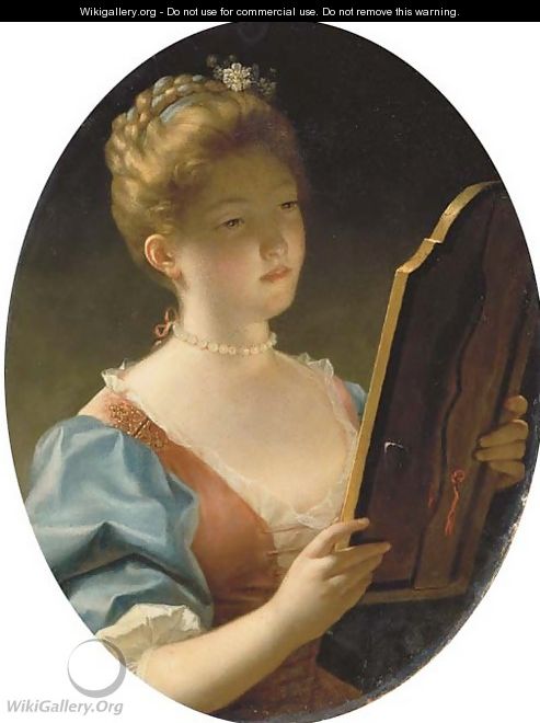 Portrait of a lady, bust-length, in a blue and brown silk dress with muslin trimmings and a pearl necklace looking into a dressing-table mirror - Jean Raoux
