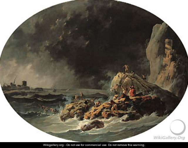 A rocky Coast by the Mouth of the Tagus, with survivors from a shipwreck near a tower - Jean-Baptiste Pillement