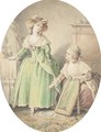 A girl looking at her shoes in a mirror held by a kneeling maid - Jean-Baptiste Huet