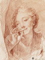 A young woman appearing behind a curtain, her hand at her mouth - Jean Baptiste Greuze