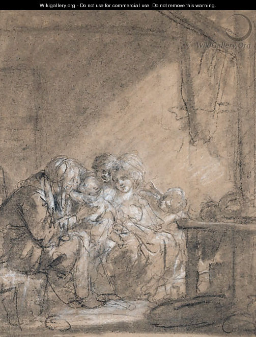 A mother and her children visited by an elderly lady - Jean Baptiste Greuze