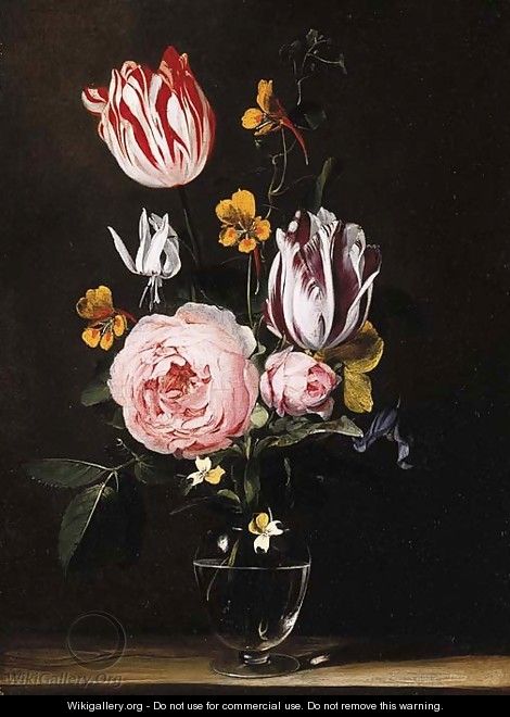 Roses, tulips, primroses and other flowers in a glass vase, on a wooden table - Jan van den Hecke
