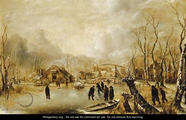 A winter landscape with skaters and kolf players on a frozen waterway by a village - Jan Van De Capelle