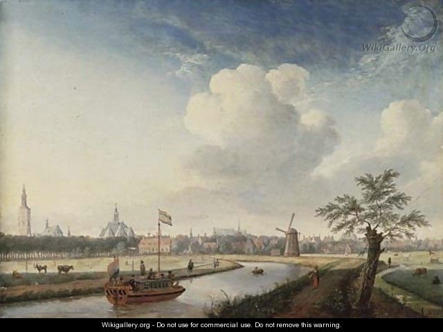 A cappricio view of The Hague, with figures walking along a river and a barge - Jan ten Compe
