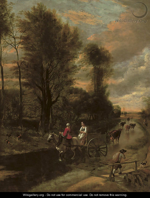 A horse-drawn cart with two women travelling down a flooded road at the edge of a wood - Jan Siberechts