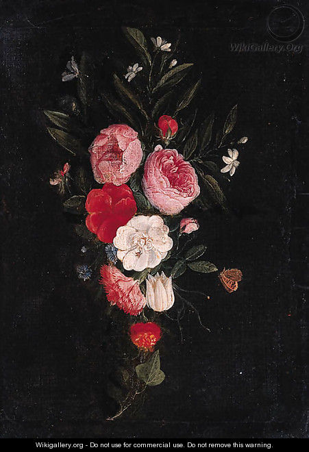 A swag of roses, carnations and other flowers - a fragment - Jan van Kessel