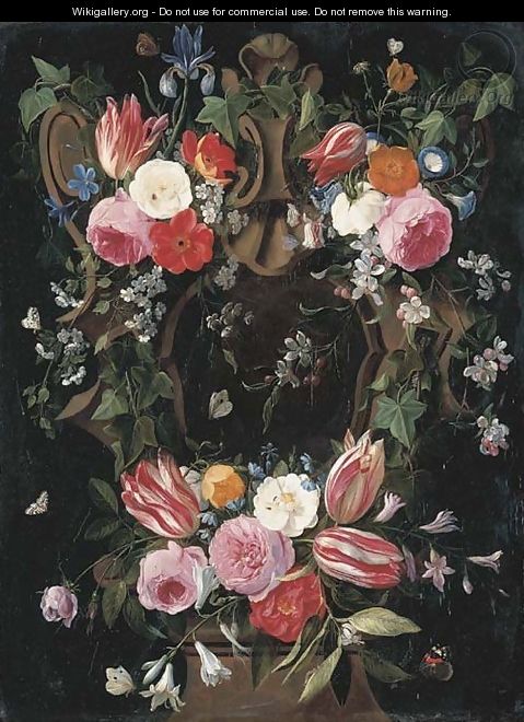 A garland of tulips, roses, morning glory, an iris, clematis and other flowers surrounding a sculpted stone cartouche with a red admiral - Jan van Kessel