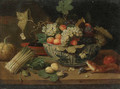 A bowl of fruit, a bundle of asparagus, an artichoke, a bowl of figs, a squirrel, a melon and a sprig of plums on a ledge - Jan van Kessel