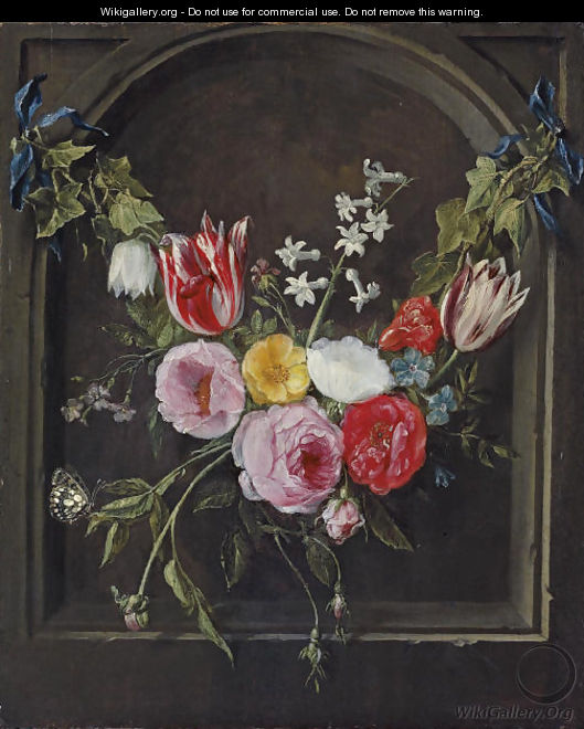 A swag of flowers hanging in a niche - Jan van Kessel