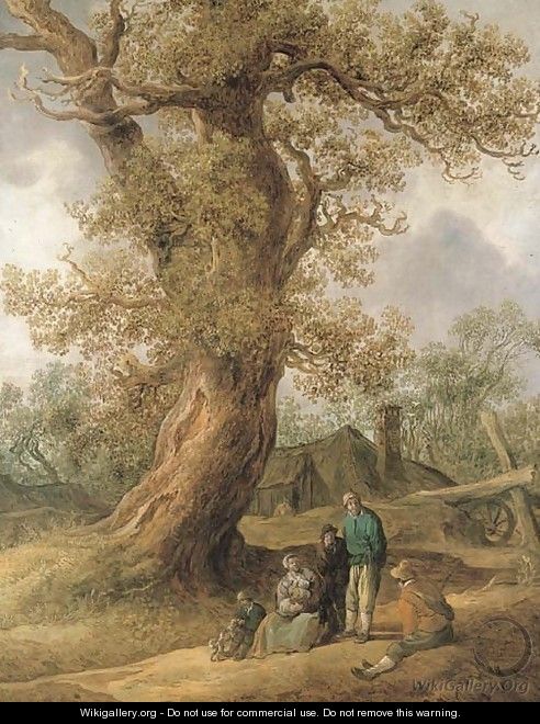A family of peasants sitting under an oak tree with cottages in the distance - Jan van Goyen