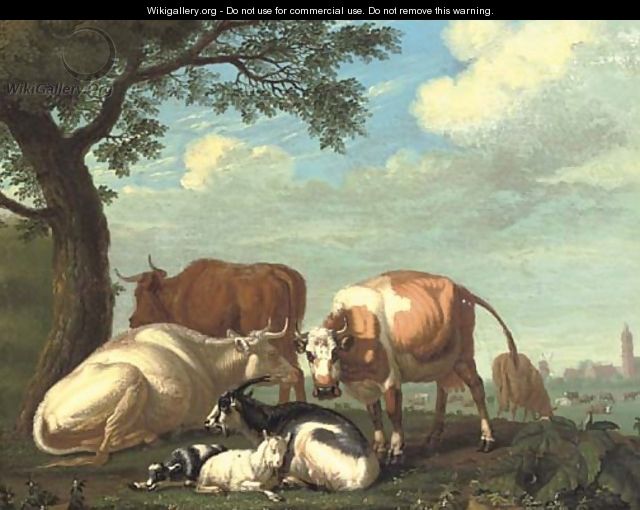 Cows and goats resting by a tree, a village beyond - Jan van Gool