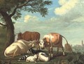 Cows and goats resting by a tree, a village beyond - Jan van Gool